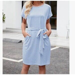 Merokeety Striped T Shirt Dress Blue/White Size L